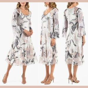 NEW $389 Komarov [ XL ] Desert Flora Chiffon Bell Sleeve Cocktail Dress U1448